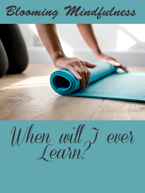 Picture is the name of the blog written above a woman out of frame we see only her hands as she rolls up a bright teal coloured yoga mat with the title of the article written below