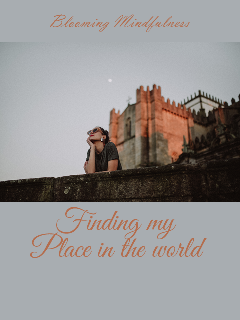 The picture shows a woman leaning on a wall in front of a castle looking thoughtfully at the sky. Written above is the name of the blog, and below the title Finding my place in the world