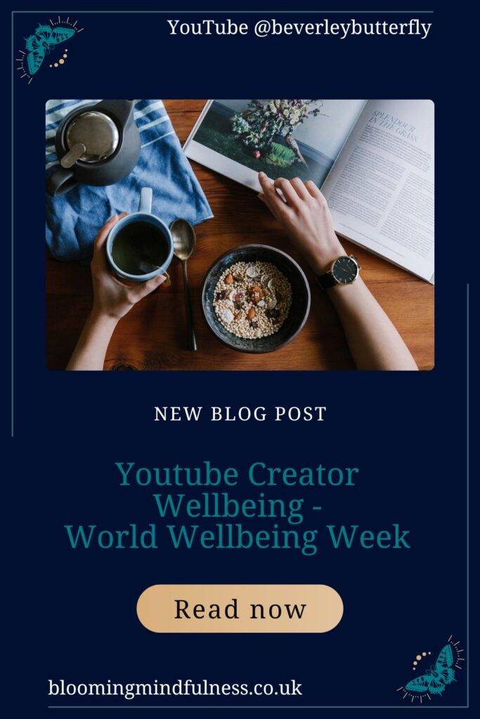 a person's arms are seen one os holding a cup of coffee, and the other flicking through a magazine on a brown table. There is also a coffee pot and a bowl of museli on the table to represent youtube creator wellbeing