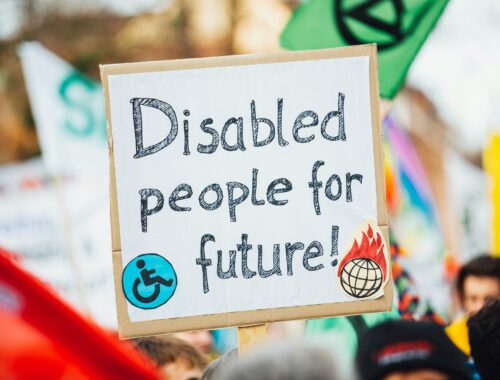 A banner at what looks like a parade or protest that says 'Disabled people for future'