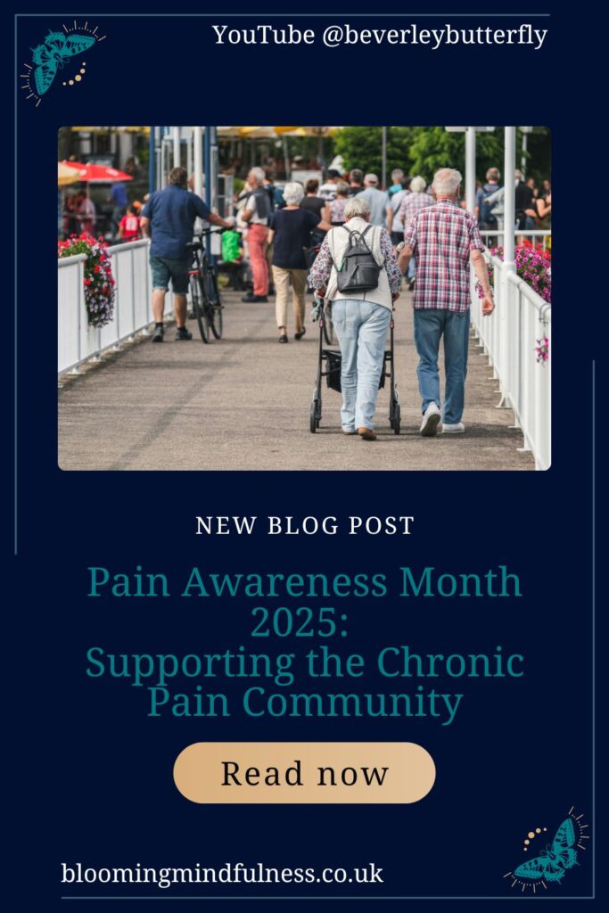 Two people are walking on a crowded street one with a walker to represent pain awareness month 2025