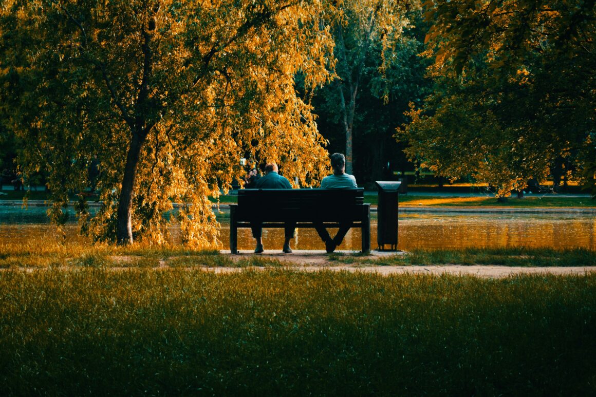 Two people seen from a distance talking on a bench. All around them are beautiful trees in autumnal colours to represent world suicide prevention day