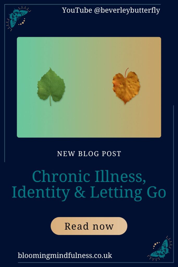 Two leaves are seen against an orange and green gradient background. One leaf is autumnal and brown the other bright green to represent chronic illness, identity and letting go